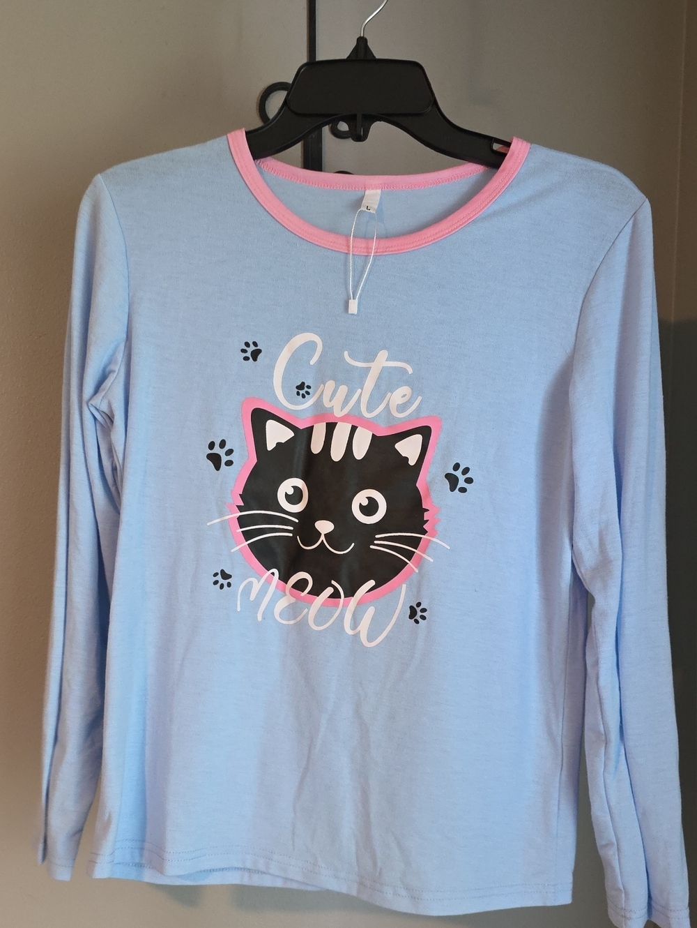 Cute Meow Long-Sleeve Cat Pajama Shirt - Girl's Size L